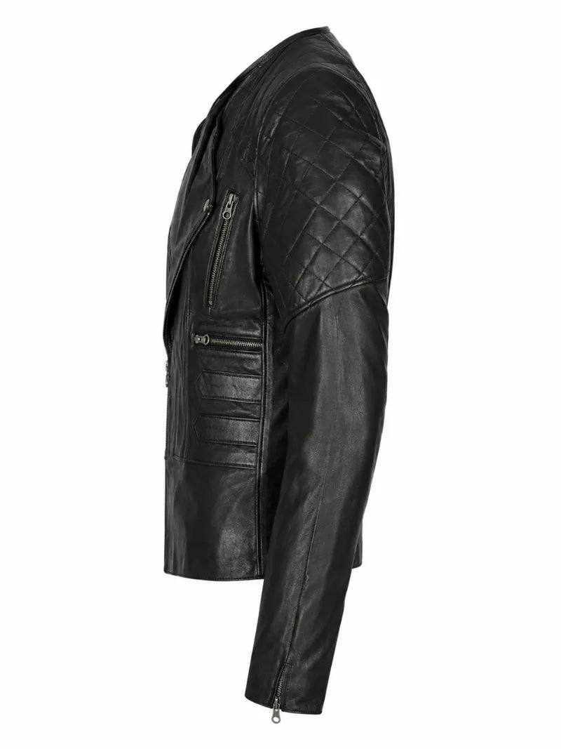 Women’s Black Quilted Shoulder Leather Jacket Left 