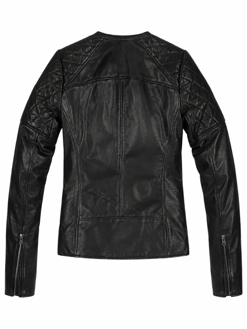 Women’s Black Quilted Shoulder Leather Jacket Back 
