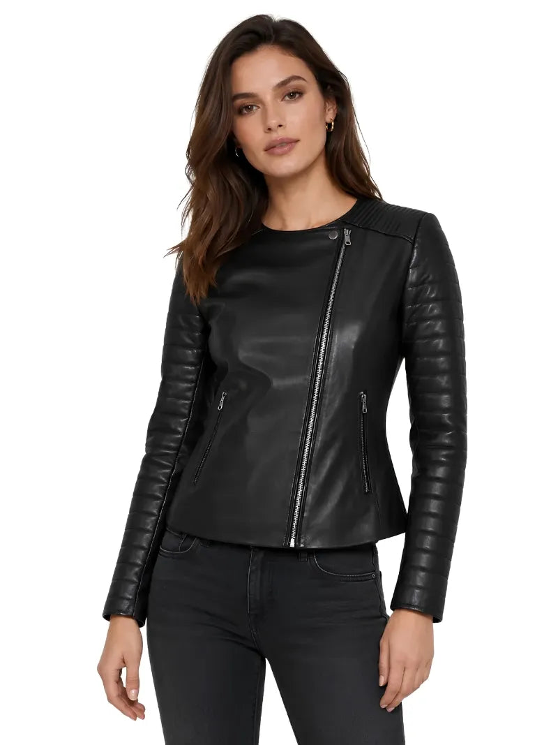 Women’s Black Quilted Sleeve Leather Jacket