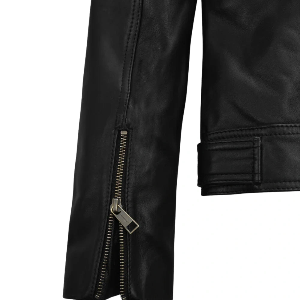 Women’s Black Leather Jacket with Multi-Zip Design