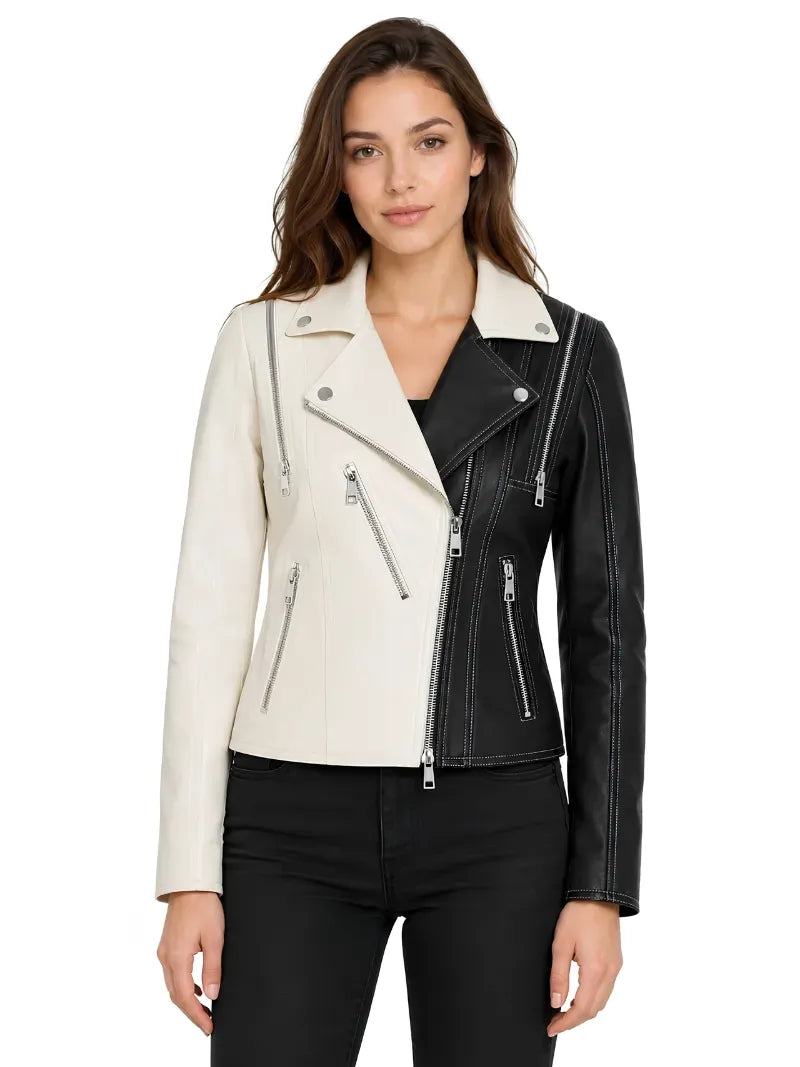 Women's Black and White Color Block Leather Jacket