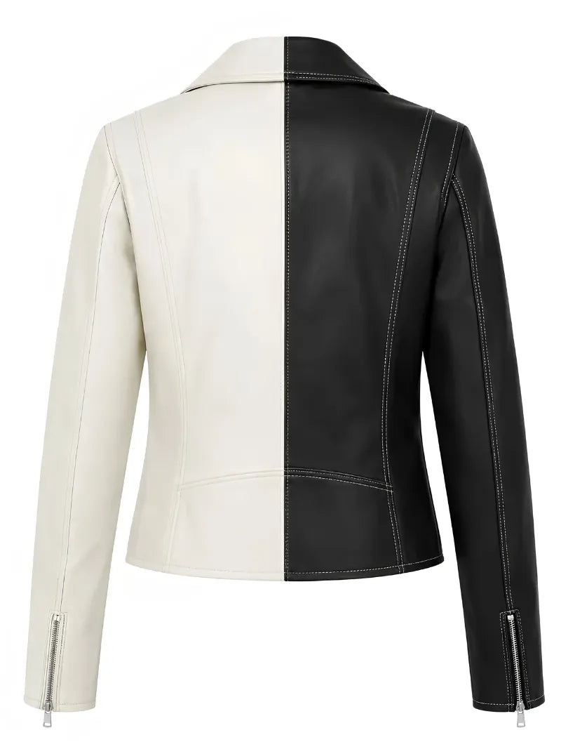 Women's Black and White Color Block Leather Jacket