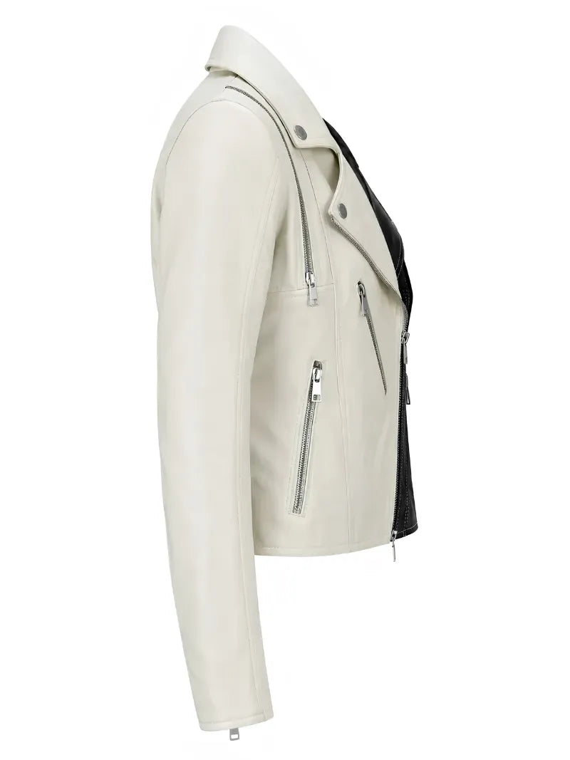 Women's Black and White Color Block Leather Jacket