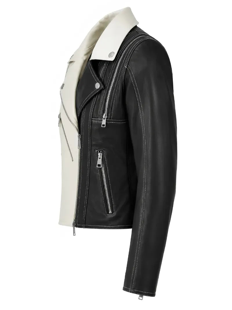 Women's Black and White Color Block Leather Jacket