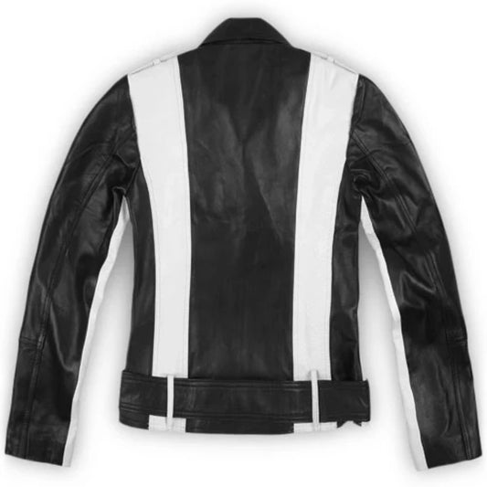 Women’s Black and White Racer Leather Jacket with Belt