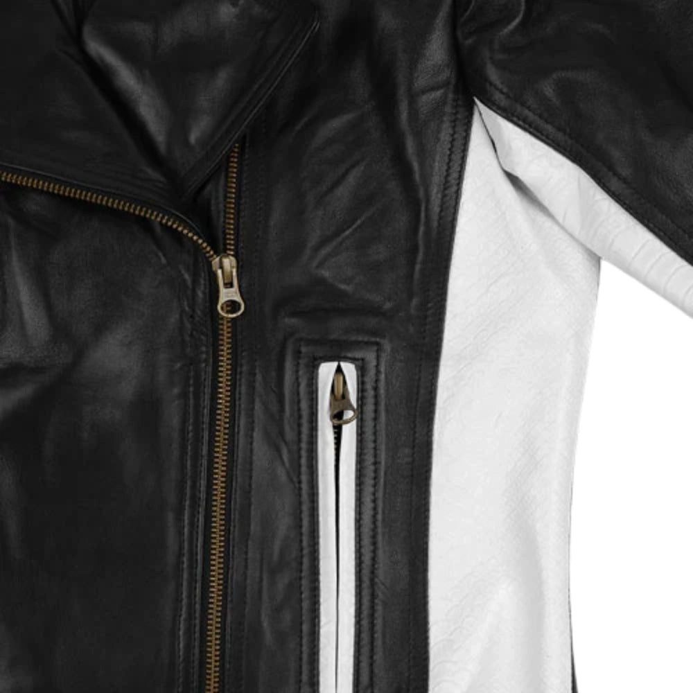 Women’s Black and White Racer Leather Jacket with Belt