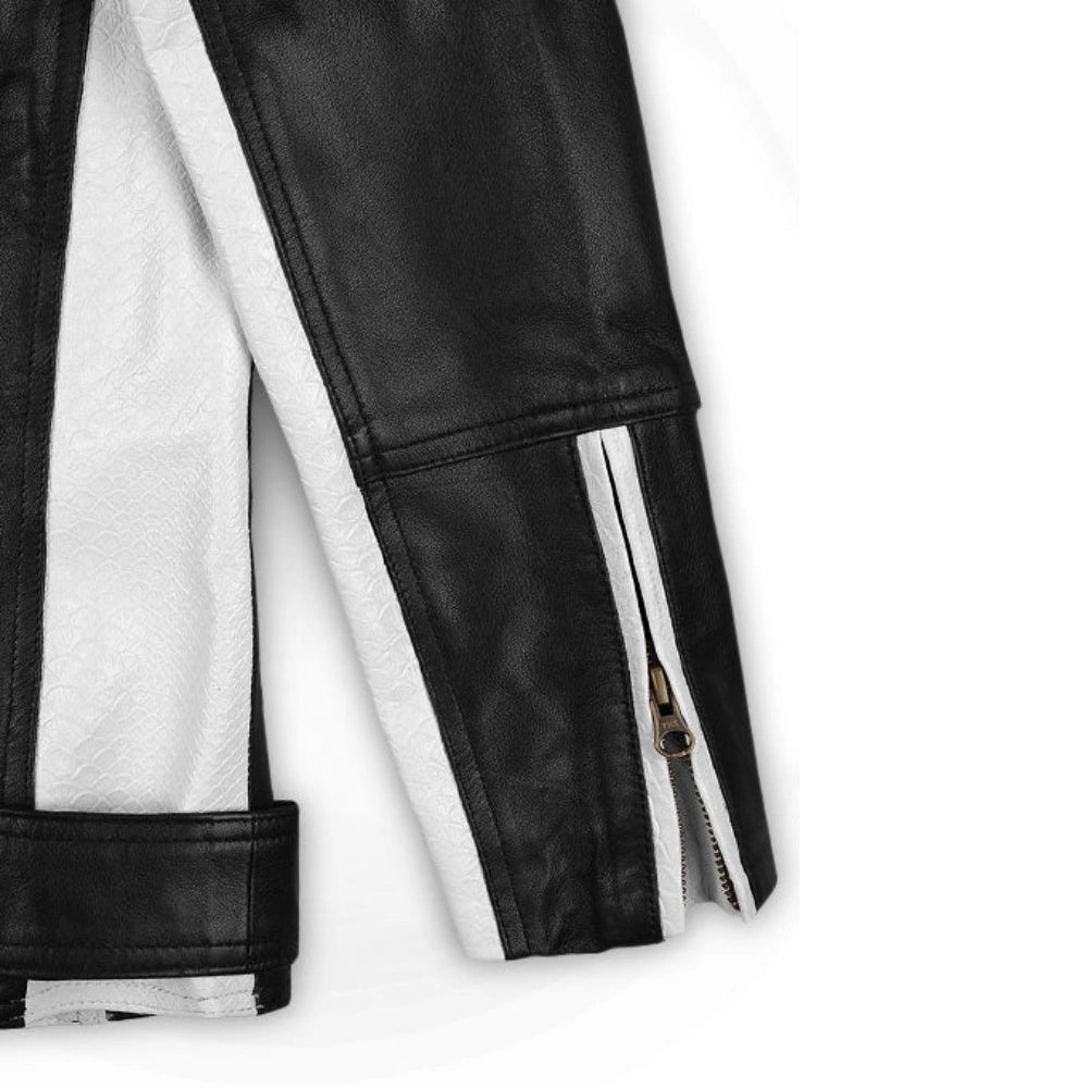 Women’s Black and White Racer Leather Jacket with Belt