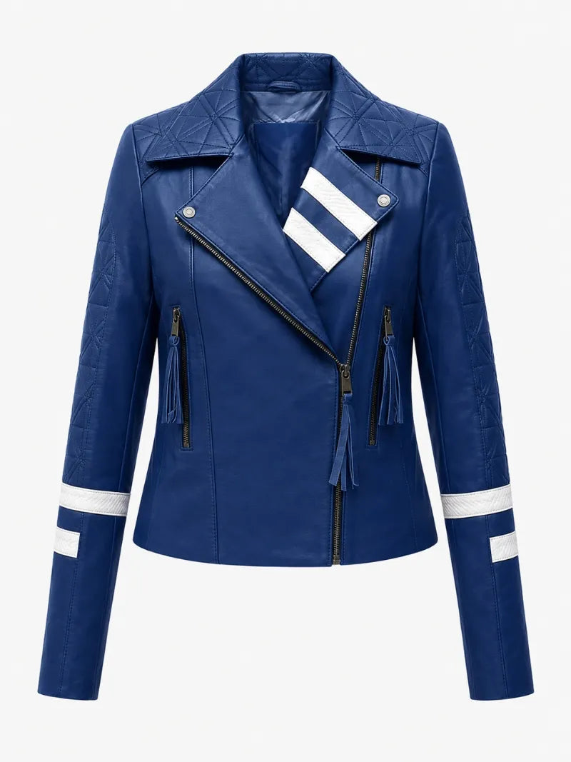 Women's Blue Leather Jacket with White Stripe Detail Front 