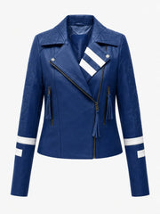 Women's Blue Leather Jacket with White Stripe Detail Front 