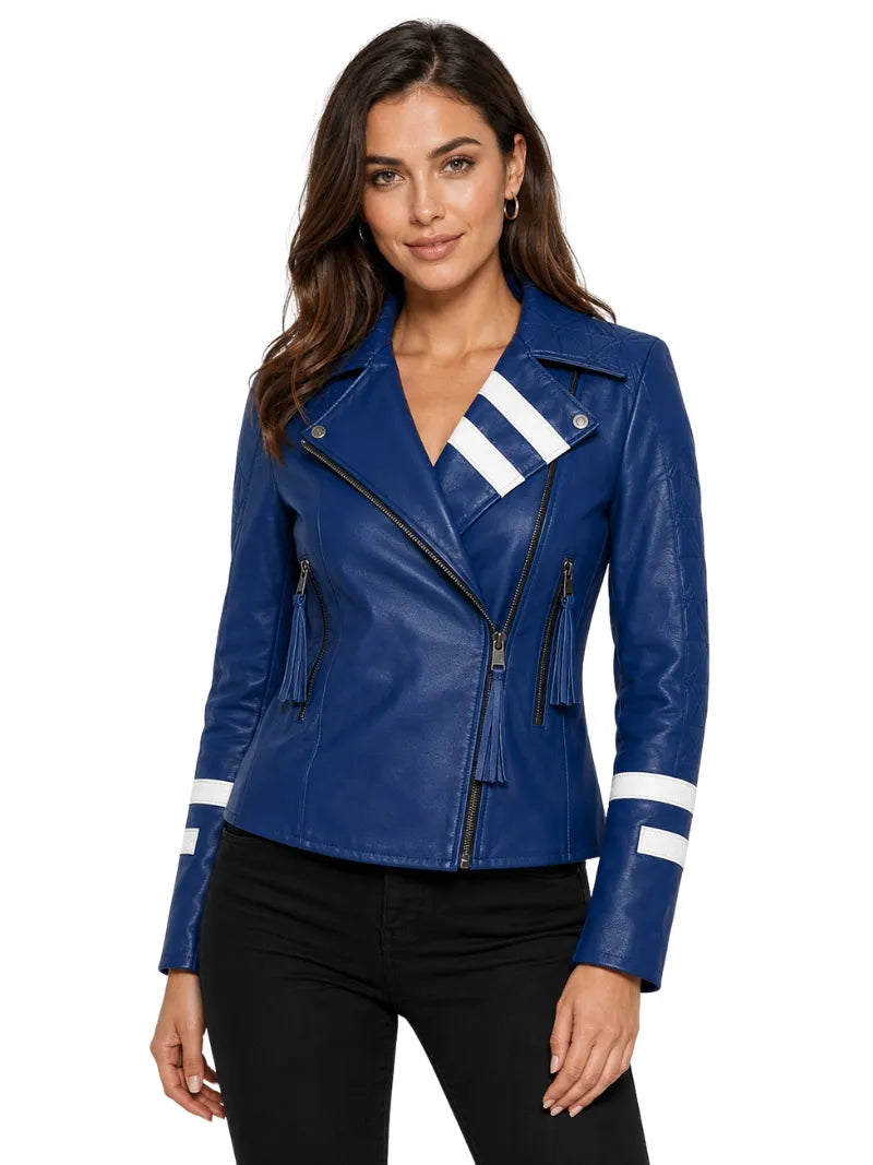 Women's Blue Leather Jacket with White Stripe Detail Full 