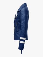 Women's Blue Leather Jacket with White Stripe Detail Left 
