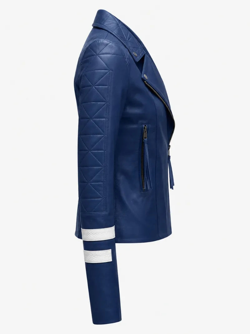 Women's Blue Leather Jacket with White Stripe Detail Right 