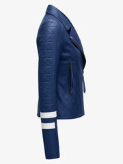 Women's Blue Leather Jacket with White Stripe Detail Right 