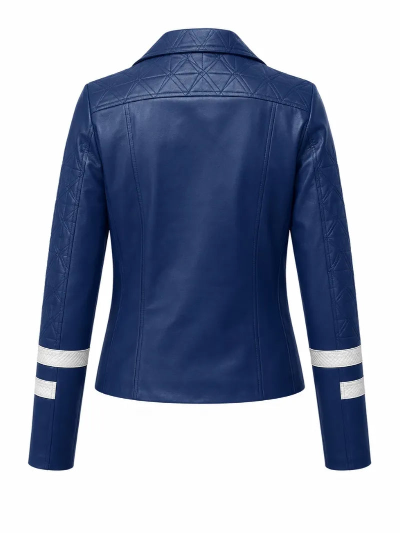 Women's Blue Leather Jacket with White Stripe Detail Back 
