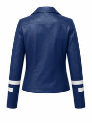Women's Blue Leather Jacket with White Stripe Detail Back 