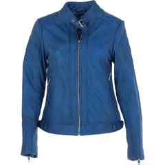 Women’s Blue Quilted Leather Jacket with Stand Collar