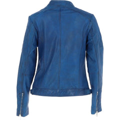 Women’s Blue Quilted Leather Jacket with Stand Collar