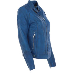 Women’s Blue Quilted Leather Jacket with Stand Collar