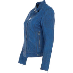 Women’s Blue Quilted Leather Jacket with Stand Collar