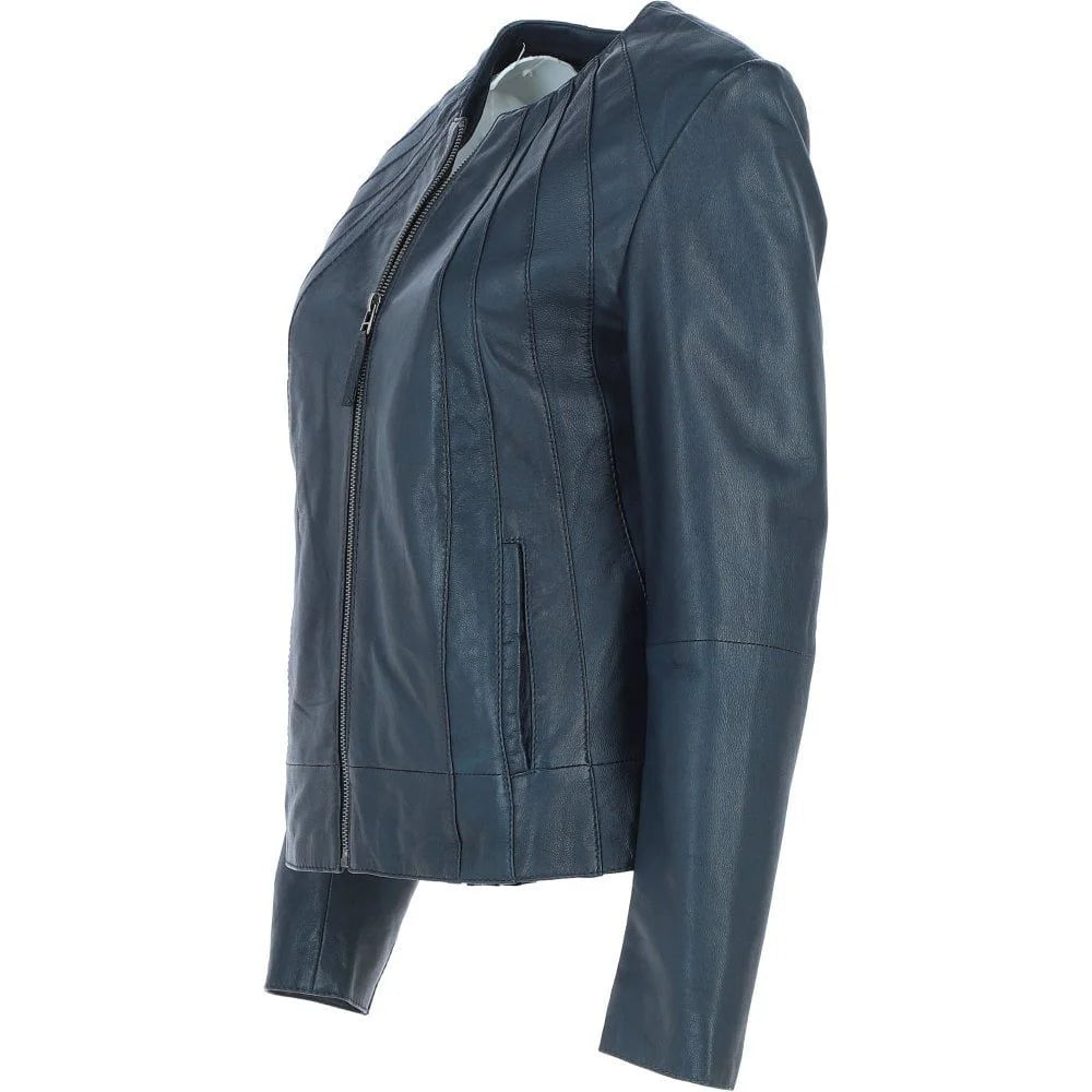 Women's Blue Leather Round Collar Jacket