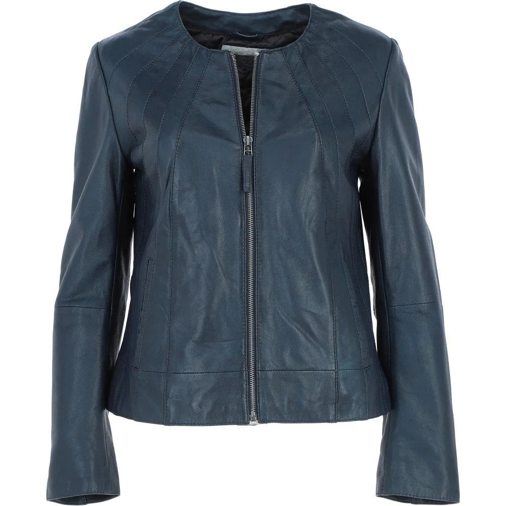 Women's Blue Leather Round Collar Jacket
