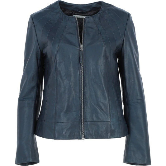 Women's Blue Leather Round Collar Jacket