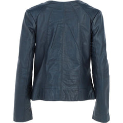 Women's Blue Leather Round Collar Jacket