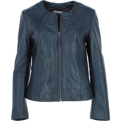 Women's Blue Leather Round Collar Jacket