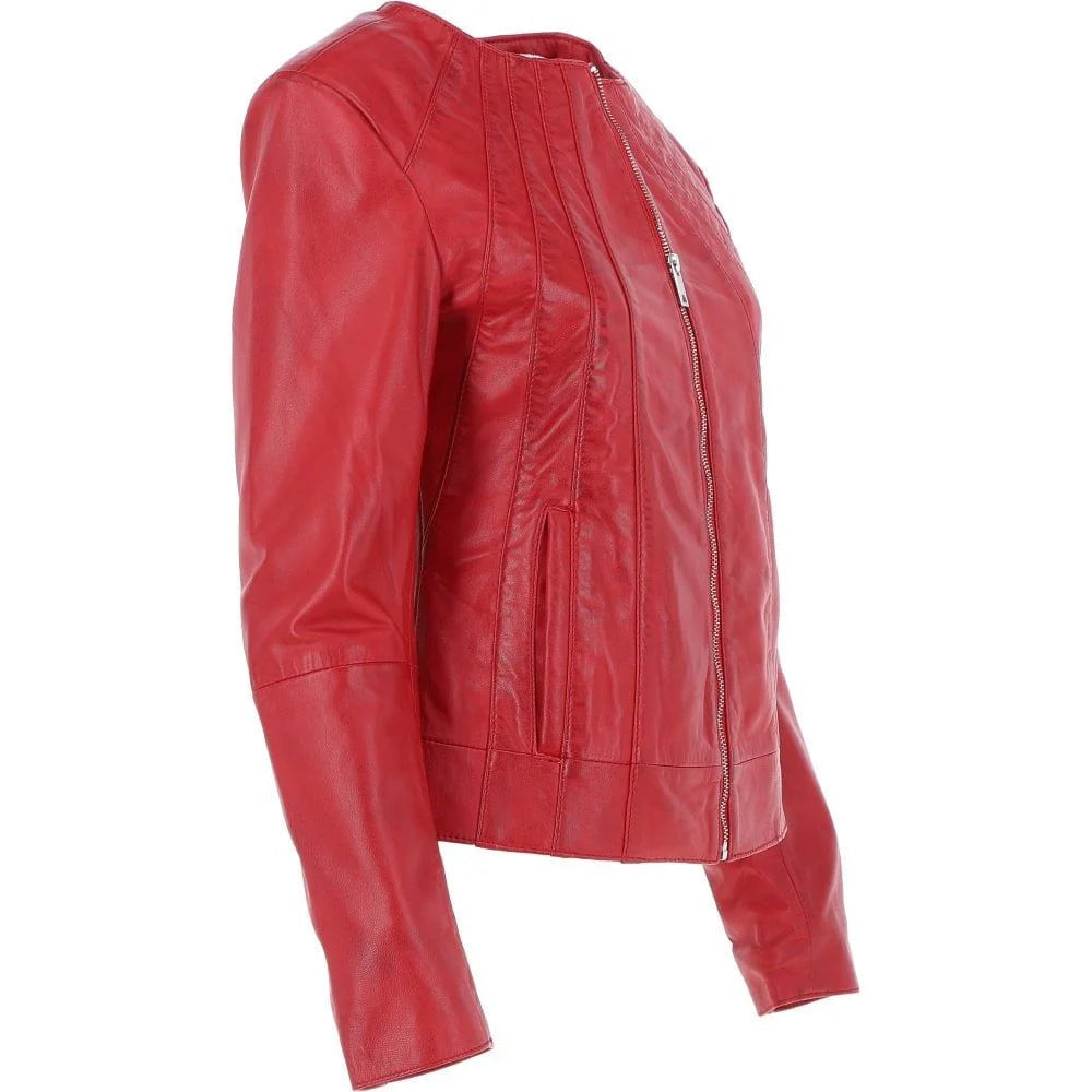Women's Bold Red Leather Zip-Up Jacket