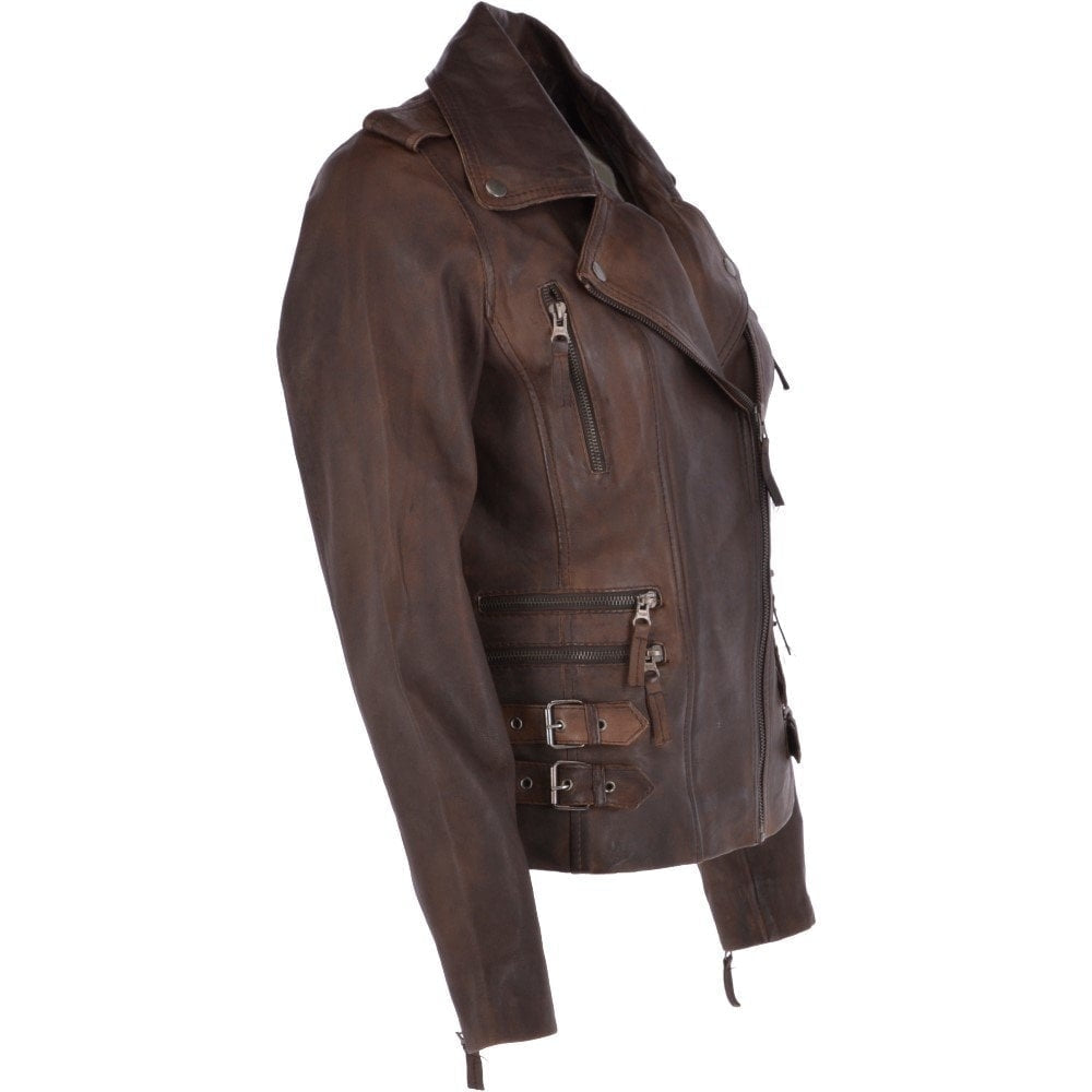 Women's Brown Buckle Straps Leather Moto Jacket