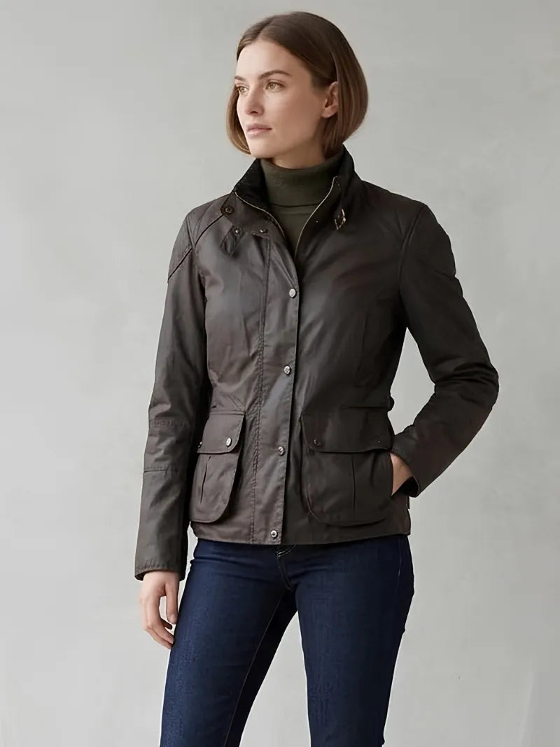 Women's Brown Leather Jacket with High-Neck Design