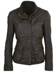 Women's Brown Leather Jacket with High-Neck Design