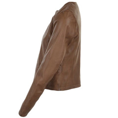 Women's Brown Leather Jacket with Round Collar