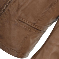Women's Brown Leather Jacket with Round Collar