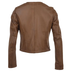 Women's Brown Leather Jacket with Round Collar