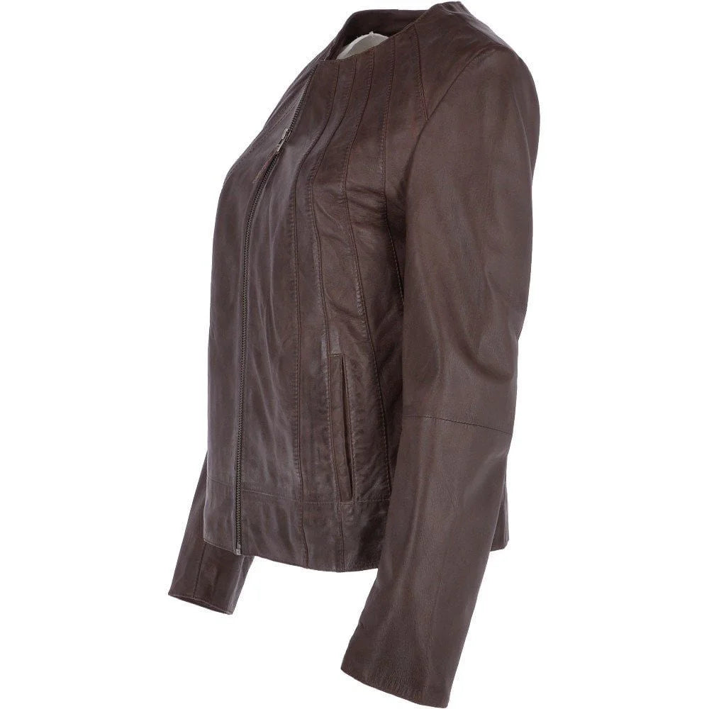 Women's Brown Leather Round Collar Jacket