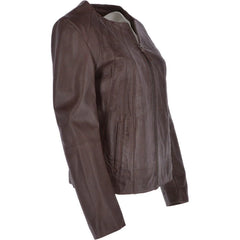 Women's Brown Leather Round Collar Jacket