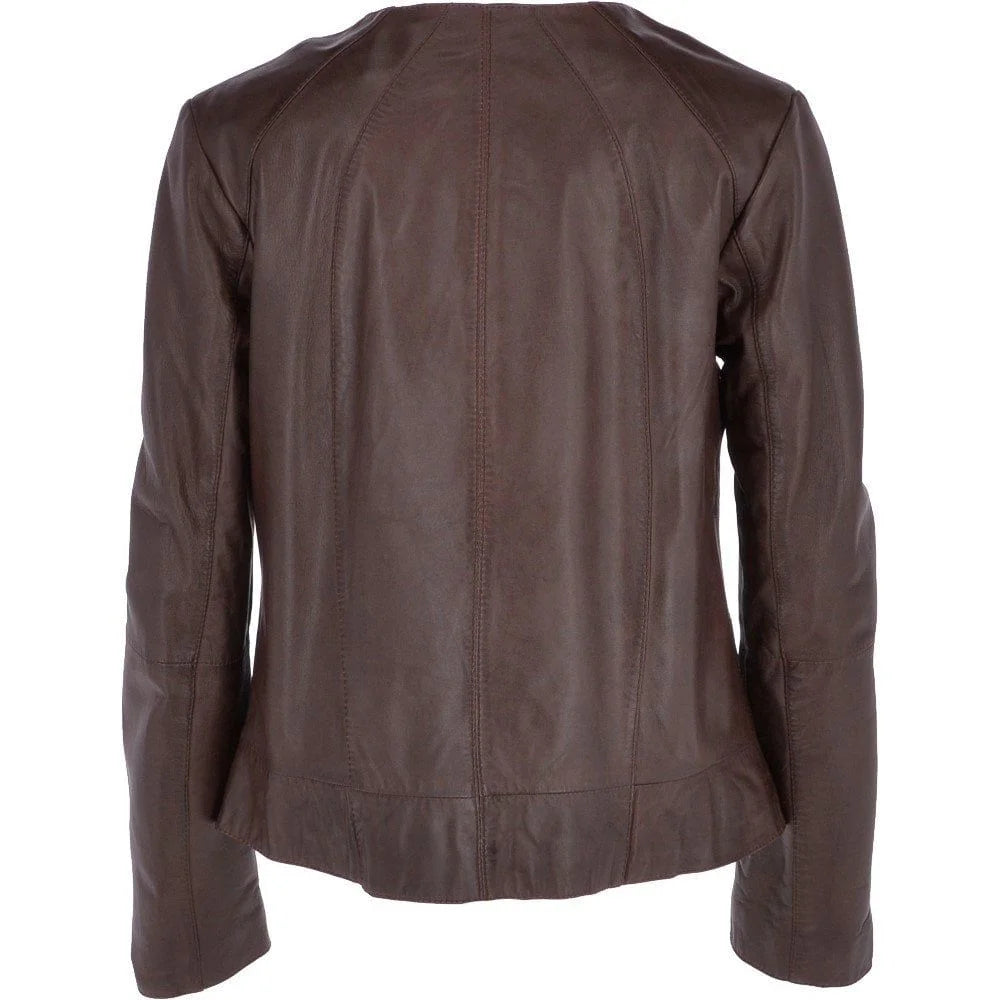 Women's Brown Leather Round Collar Jacket