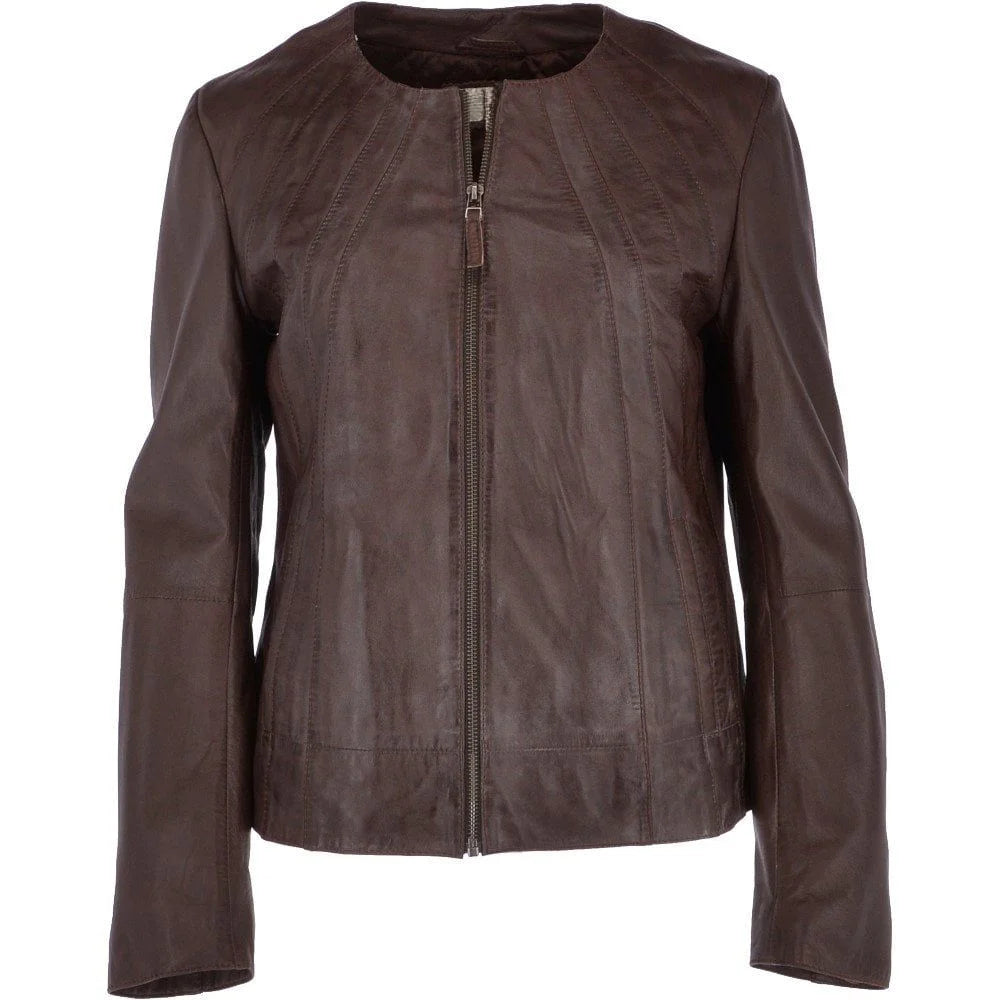 Women's Brown Leather Round Collar Jacket