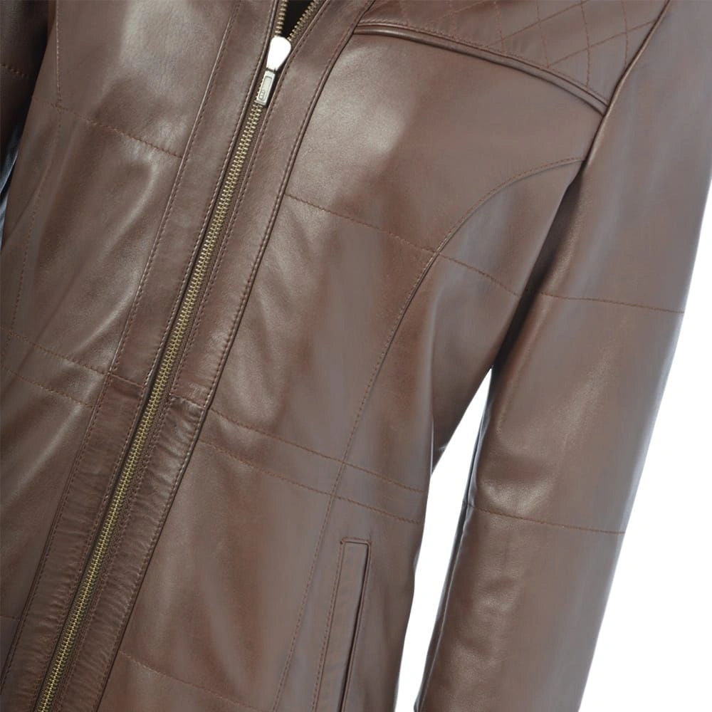 Women's Brown Quilted Leather Hooded Jacket