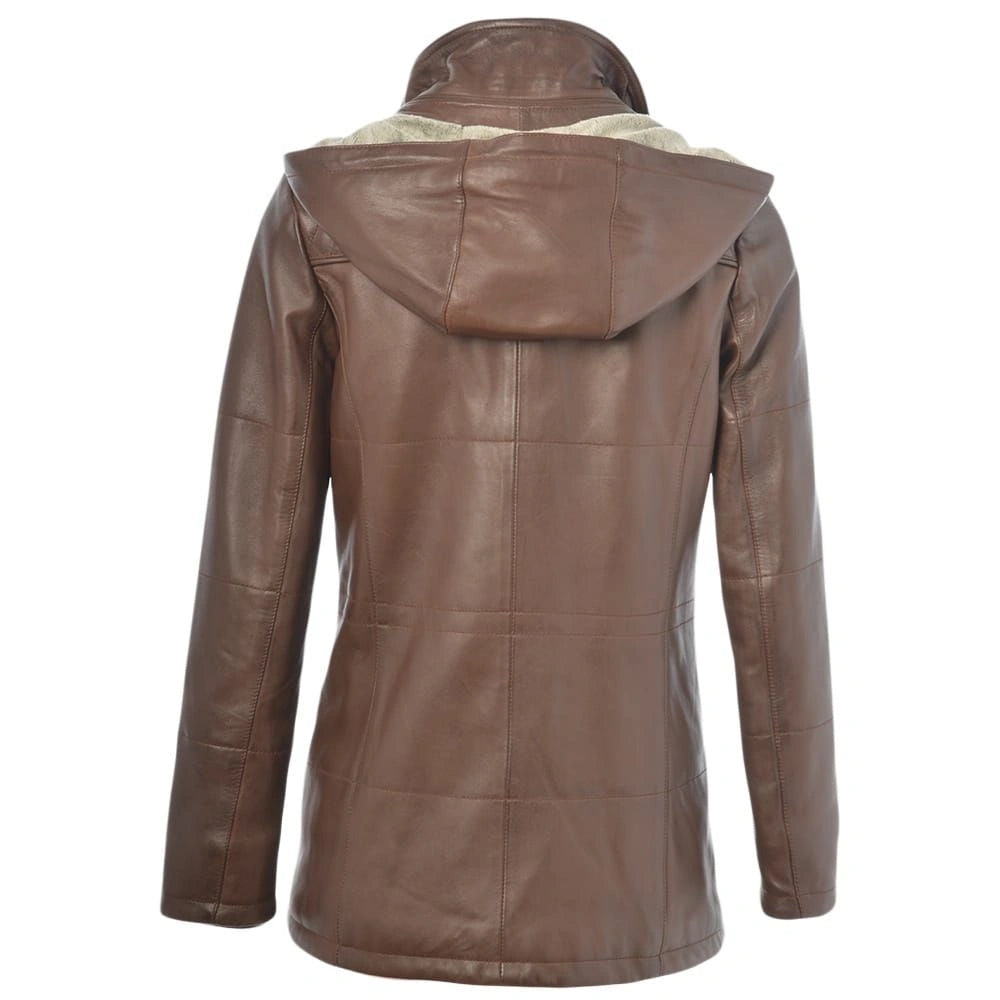 Women's Brown Quilted Leather Hooded Jacket