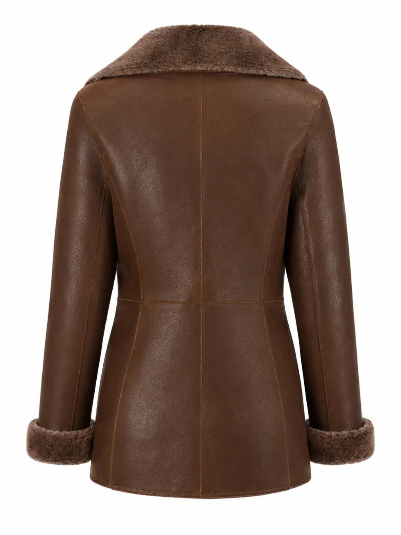 Women's Brown Shearling Leather Coat Back 
