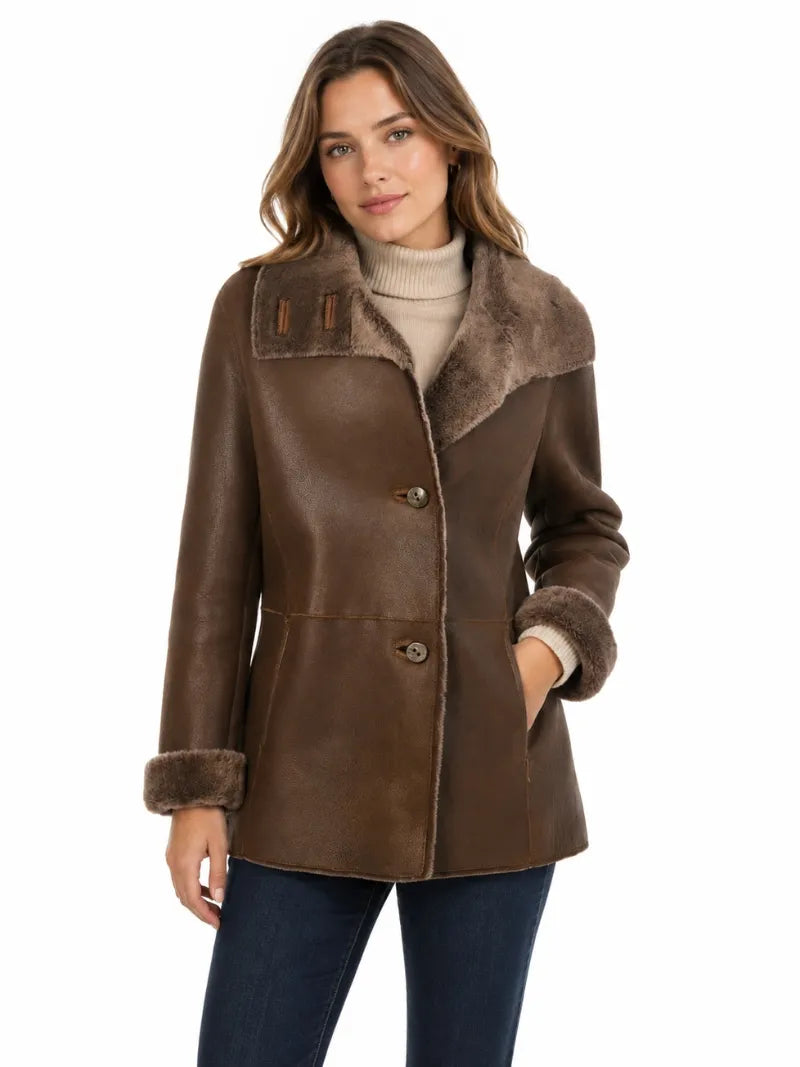 Women's Brown Shearling Leather Coat
