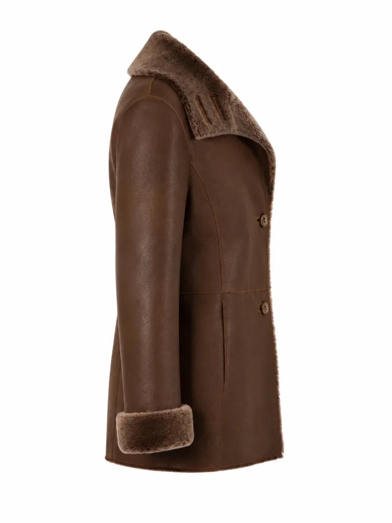 Women's Brown Shearling Leather Coat Right 