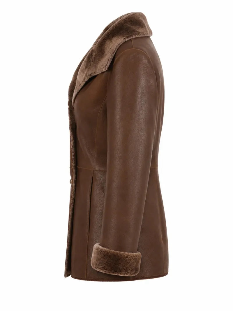 Women's Brown Shearling Leather Coat Left 