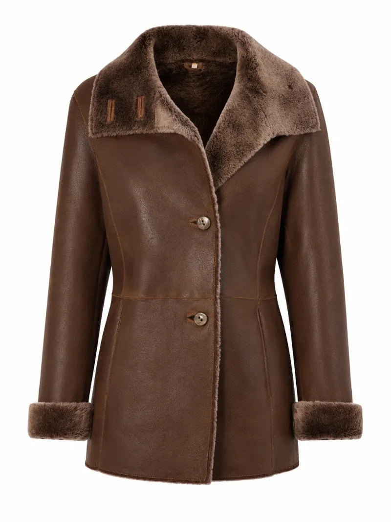 Women's Brown Shearling Leather Coat Front 