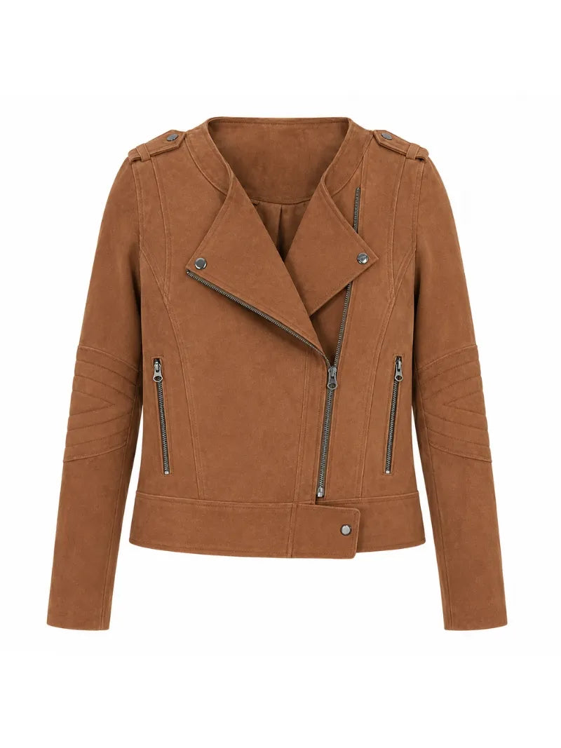 Women’s Brown Suede Leather Jacket with Zipper Front 