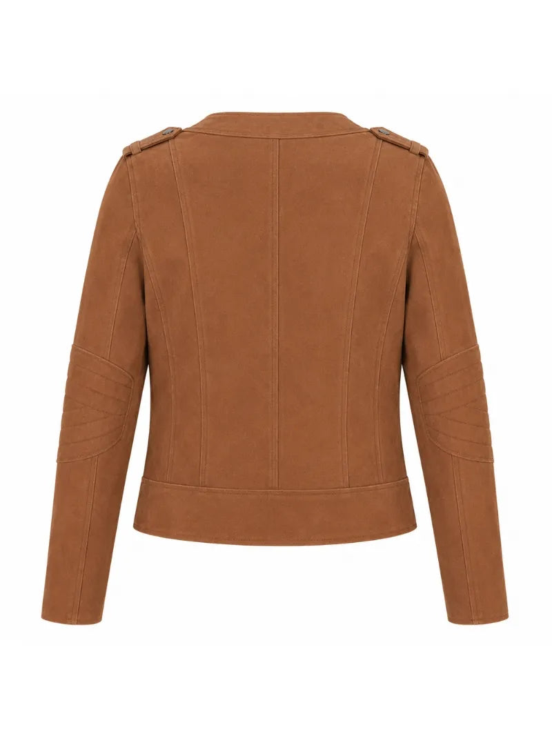 Women’s Brown Suede Leather Jacket with Zipper Back 