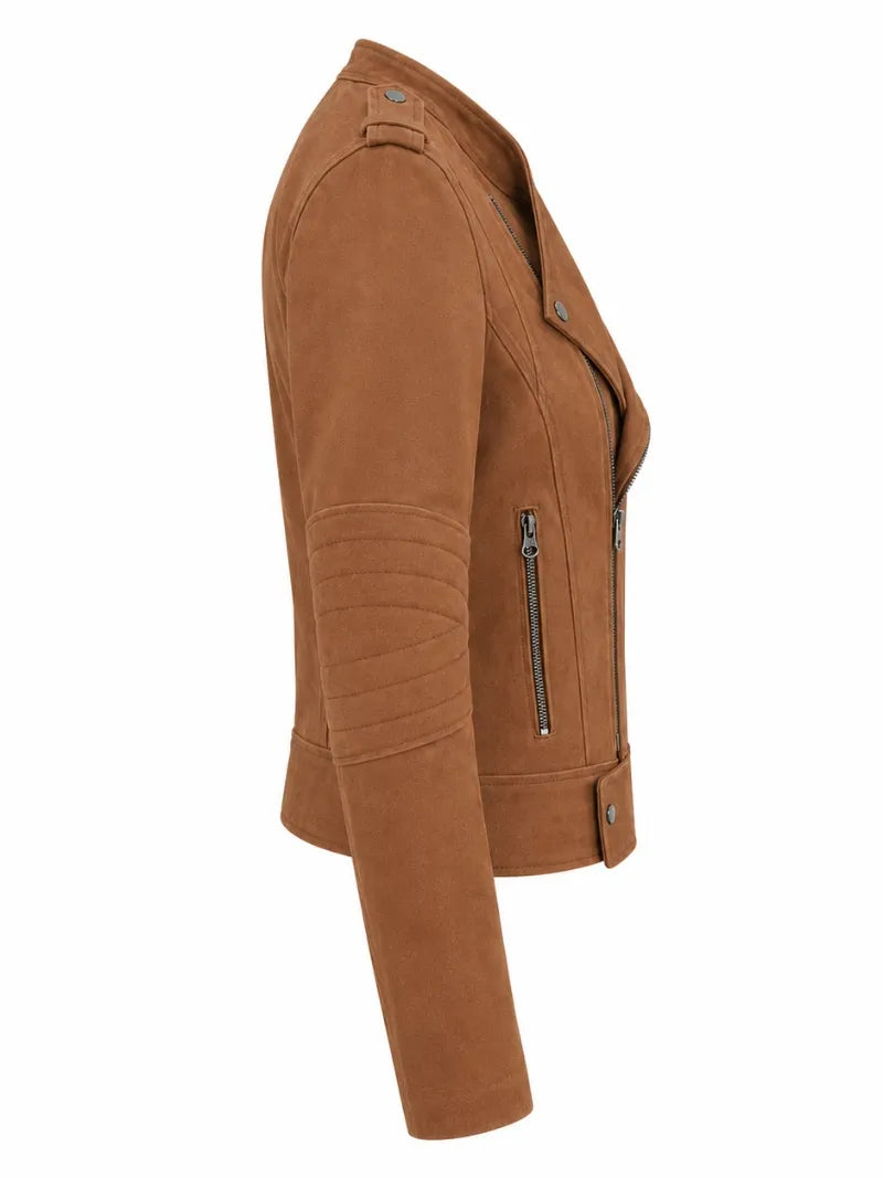 Women’s Brown Suede Leather Jacket with Zipper Right 