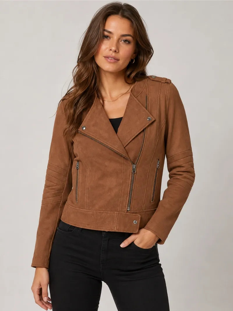 Women’s Brown Suede Leather Jacket with Zipper Front Full 